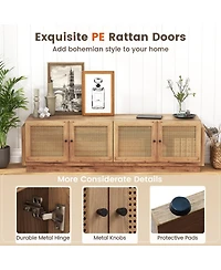 Gymax 4-Door Pe Rattan Media Console Table Farmhouse Tv Stand for TVs