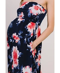 Hello Miz Maternity Strapless Empire Waist Floral Maxi Dress with Side Pockets