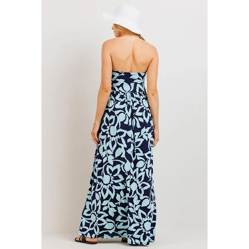 Hello Miz Maternity Floral Strapless Empire Waist Maxi Dress with Side Pockets
