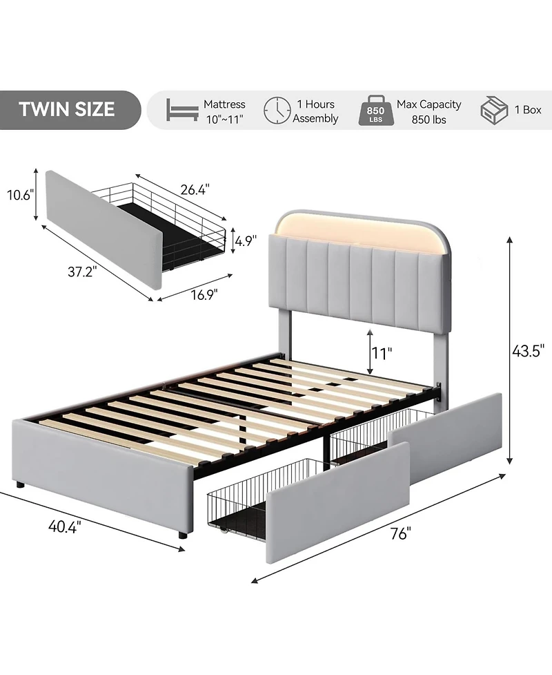 gaomon Twin Size Bed Frame with 2 Flexible Drawers