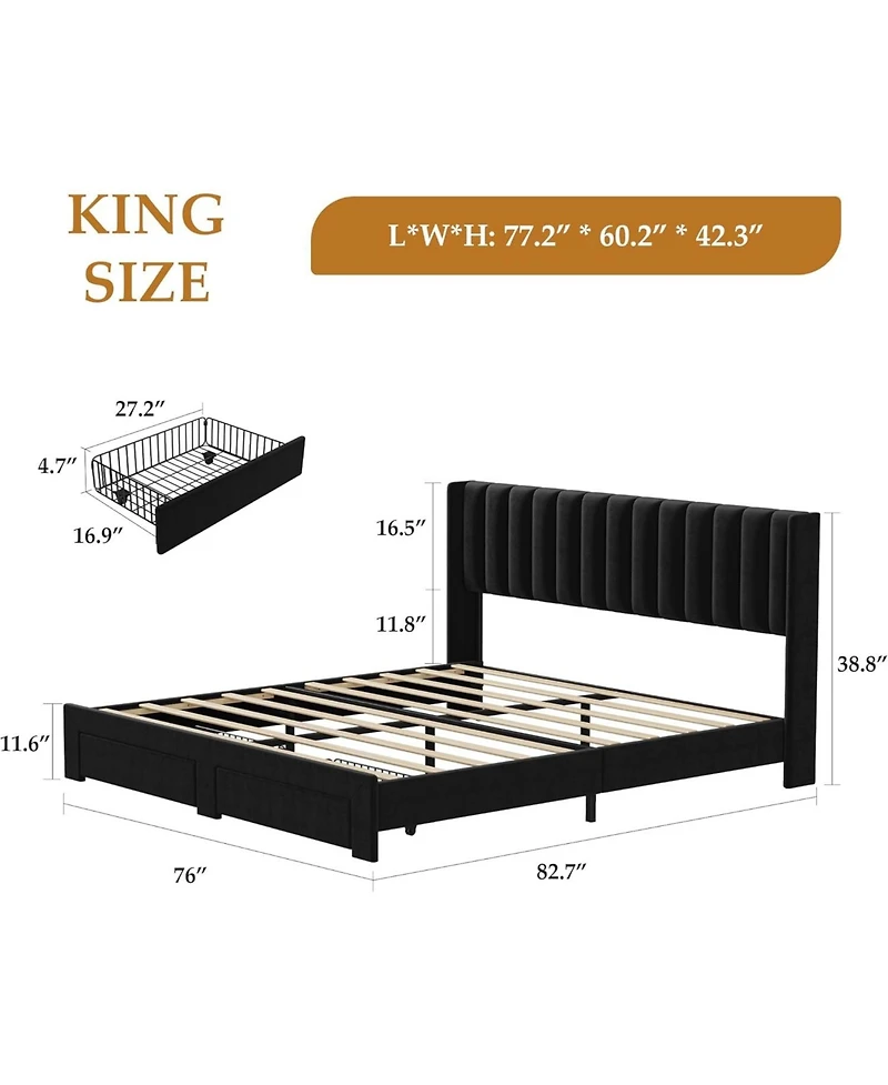 gaomon Full Size Bed Frame, Bed Frame Upholstered Platform Bed with Velvet Headboard, Wing Edge Design, 2 Storage Drawers