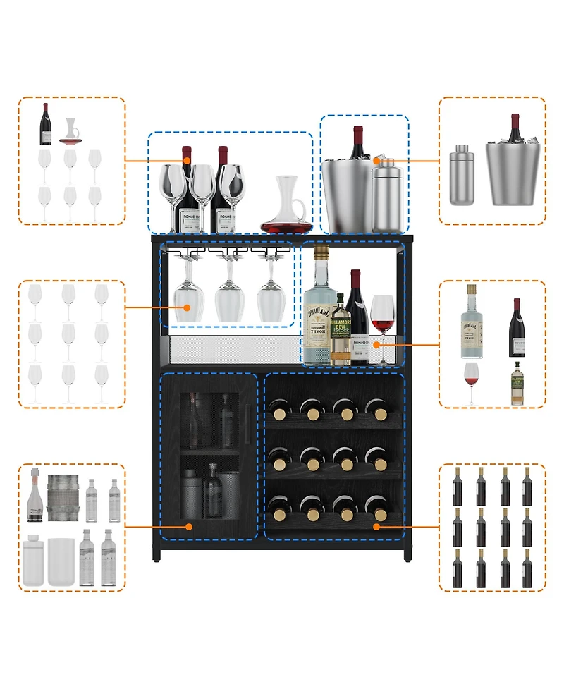homfan Wine Cabinet with Removable Bottle Storage, Stemware Holder and Ventilated Durable Mdf Iron Home Bar Organizer for Dining Room