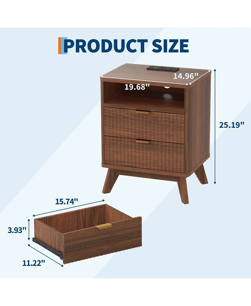 homfan Set of 2 Modern Fluted Bedside Tables, Usb and Ac Power Outlets, Drawers Open Shelf, Sturdy Wooden Legs, Accent Furniture for Bedroom