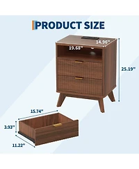 homfan Set of 2 Modern Fluted Bedside Tables, Usb and Ac Power Outlets, Drawers Open Shelf, Sturdy Wooden Legs, Accent Furniture for Bedroom