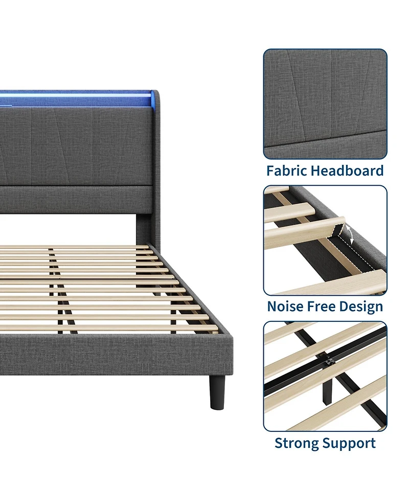 homfan Upholstered Platform Bed with App-Controlled Rgb Led Lighting and Built-In Charging Ports