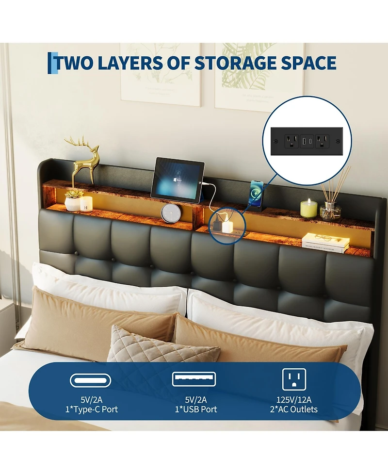homfan Upholstered Bed Frame with Led Storage Headboard, Charging Station and 2 Drawers