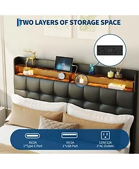 homfan Upholstered Bed Frame with Led Storage Headboard, Charging Station and 2 Drawers