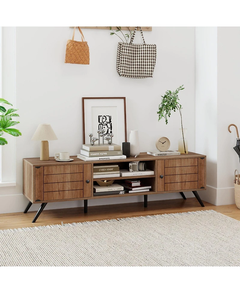 Gymax Tv Stand with 2 Storage Cabinets and Open Shelves 6 Support Feet for Living Room