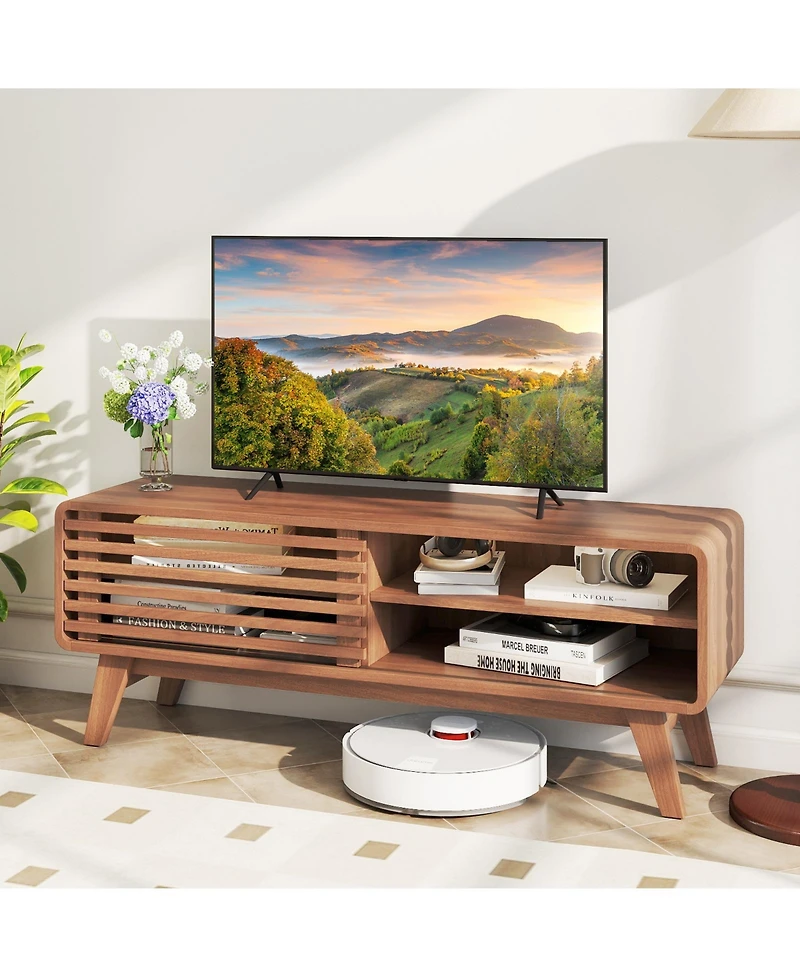 Gymax Tv Stand with Sliding Door Adjustable Shelves and Rubber Wood Legs for TVs
