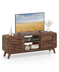 Gymax Tv Stand Mid Century Modern Entertainment Center with Grille-style Sliding Doors