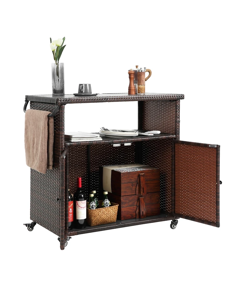 flynama Outdoor Wicker Bar Cart with Plastic Wood Top