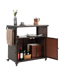 flynama Outdoor Wicker Bar Cart with Plastic Wood Top