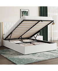 homfan Velvet Lift-Up Storage Bed Frame with Wingback Headboard and Gold Trim, Diamond Tufted Platform Bed