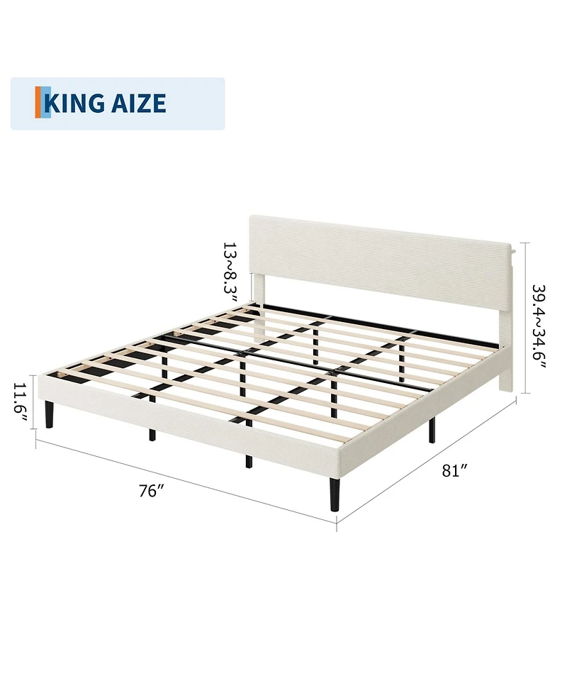 homfan Corduroy Upholstered Platform Bed Frame with Usb Charging Station, Adjustable Storage Headboard