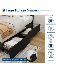 homfan Rattan Platform Bed Frame with Led Headboard and 4 Drawers