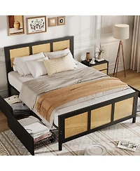homfan Rattan Platform Bed Frame with Led Headboard and 4 Drawers