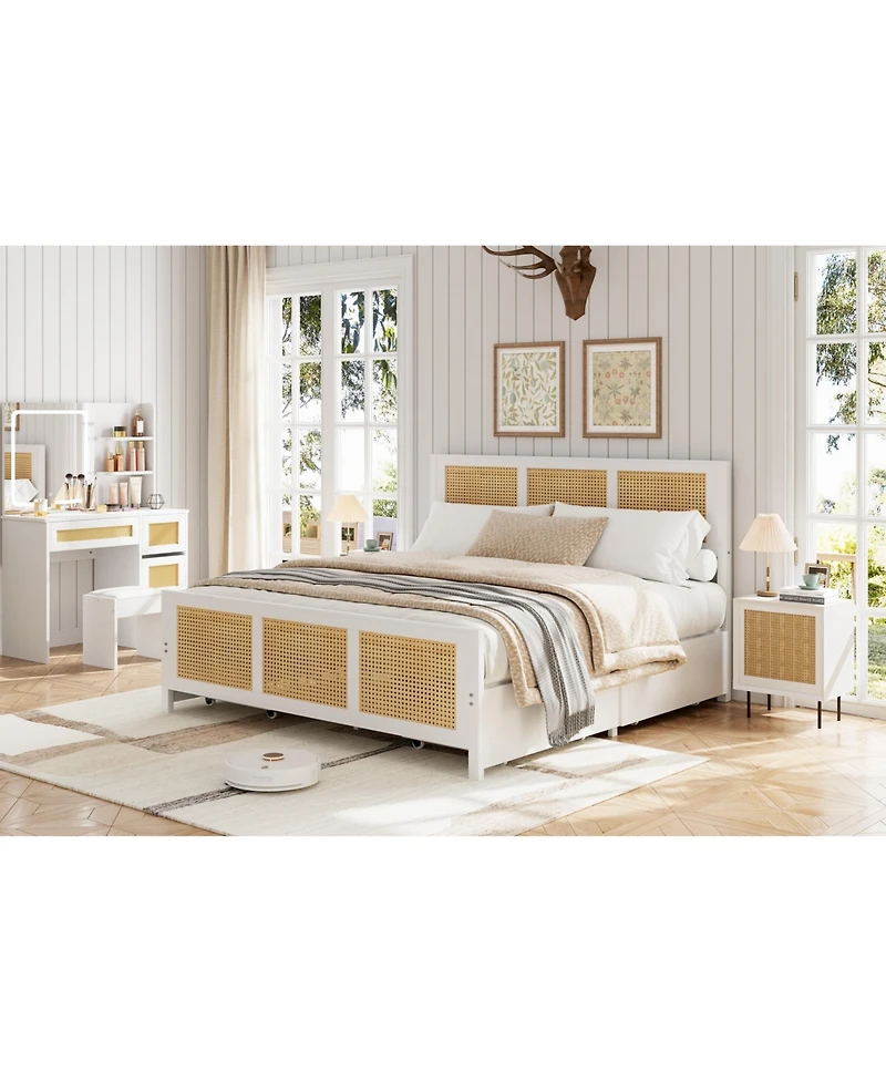 homfan Rattan Platform Bed Frame with Led Headboard and 4 Drawers