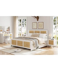 homfan Rattan Platform Bed Frame with Led Headboard and 4 Drawers