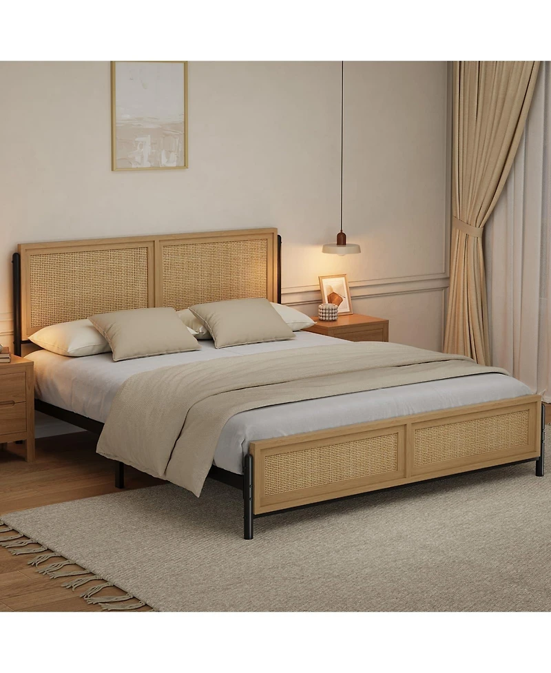 homfan Boho Rattan Platform Bed Frame with Headboard and Footboard, Quiet Support, Underbed Storage