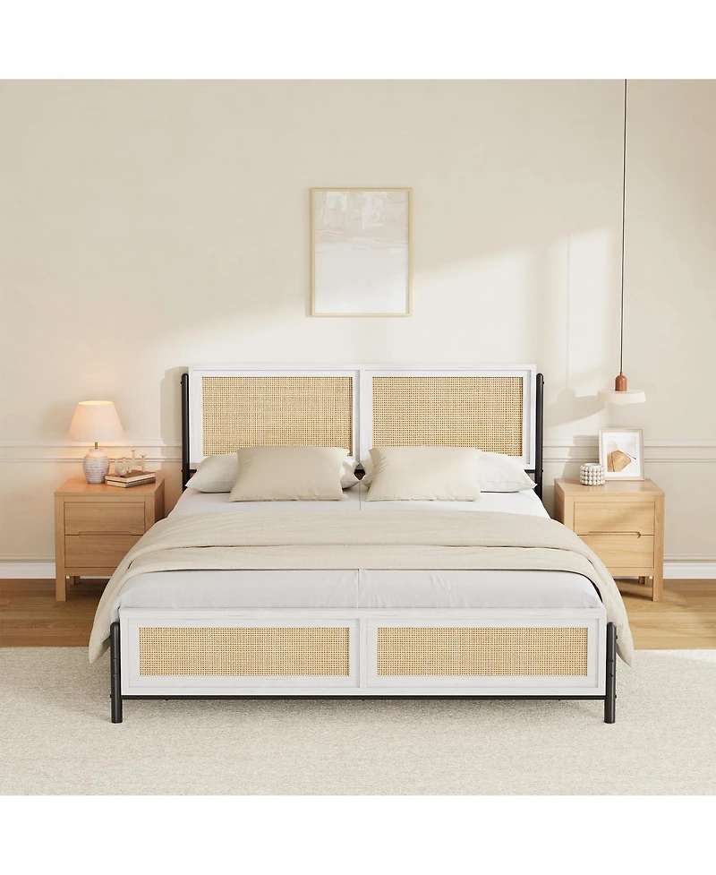 homfan Boho Rattan Platform Bed Frame with Headboard and Footboard, Quiet Support, Underbed Storage