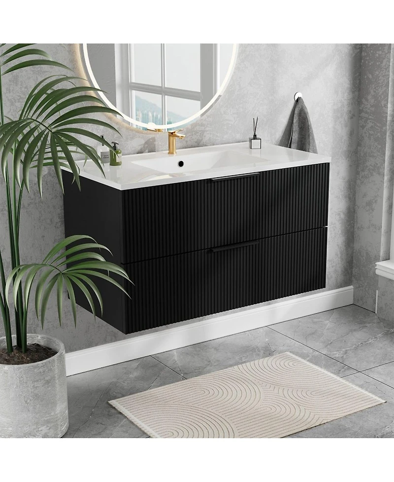 Thirtypeachy 36" Modern Floating Vanity With Ceramic Sink, Fluted Wall-Mount Cabinet, 2 Drawers U-Shaped Cutout