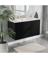 Thirtypeachy 36" Modern Floating Vanity With Ceramic Sink, Fluted Wall-Mount Cabinet, 2 Drawers U-Shaped Cutout