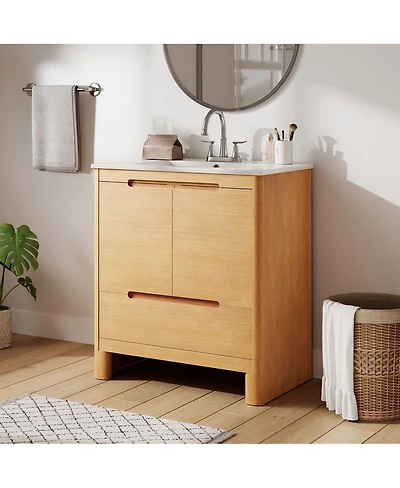 Thirtypeachy 30.1" Softened Modern Wood Grain Vanity With Ceramic Sink, Solid Pine Frame, Soft-Close Doors and Drawer