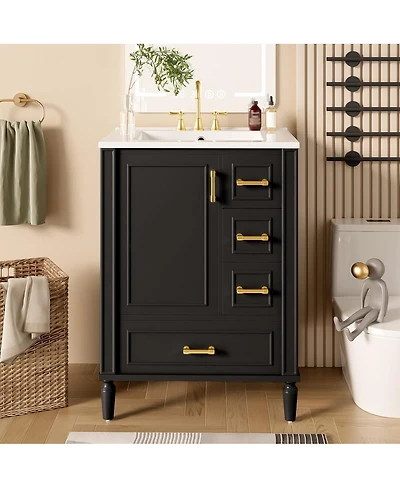 Thirtypeachy Modern Solid Wood Mdf Vanity With Ceramic Sink, 3 Drawers Soft-Close Door Rack, Gold Handles