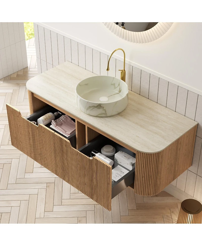 Sillysis Wall Mounted Bathroom Vanity with Sintered Stone Top, Round Ceramic Sink, Wood Grain Drawer