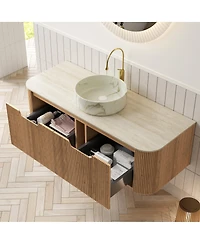 Sillysis Wall Mounted Bathroom Vanity with Sintered Stone Top, Round Ceramic Sink, Wood Grain Drawer