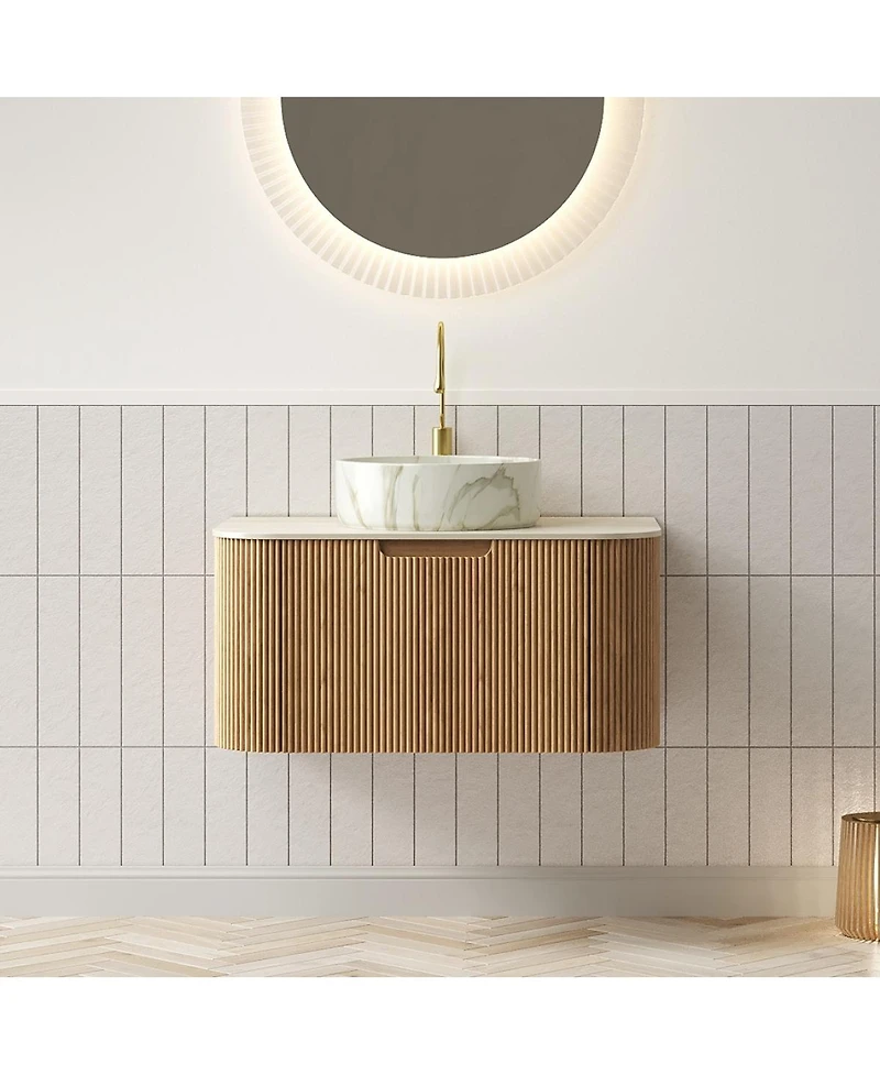 Sillysis Wall Mounted Bathroom Vanity with Sintered Stone Top, Round Ceramic Sink, Wood Grain Drawer