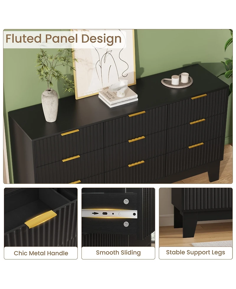 gaomon 9 Drawer Fluted Dresser - Modern Wooden Chest of Drawers with Metal Handle, Clothes Storage Organizer for Bedroom, Hallway, Entryway