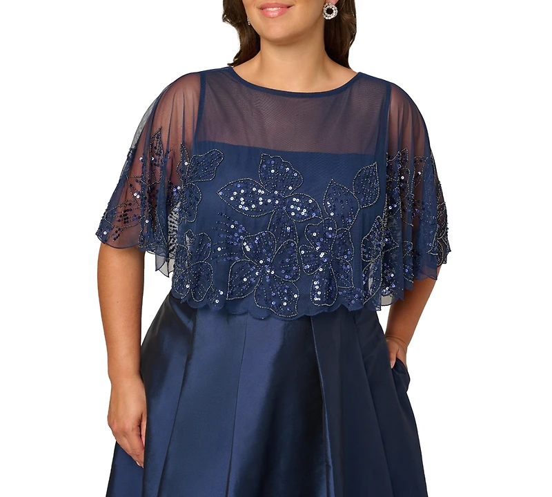 Adrianna Papell Plus Cape Detail Asymmetrical Ball Gown