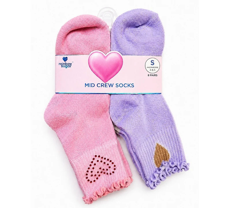 Rainbow Sugar Girls' 4-8.5 Mid Crew Socks, 8-Pack