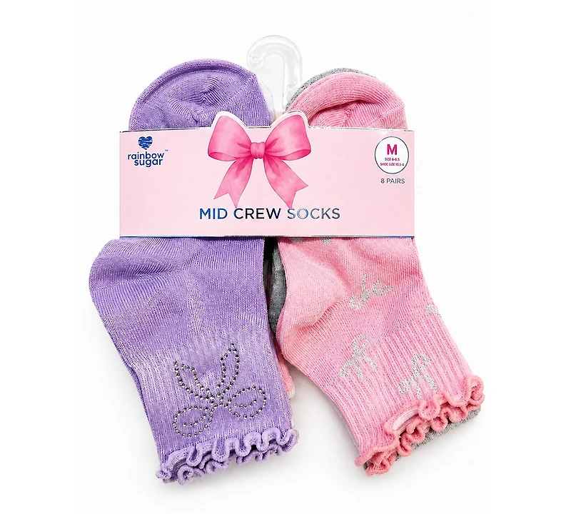 Rainbow Sugar Girls' 4-8.5 Mid Crew Socks, 8-Pack