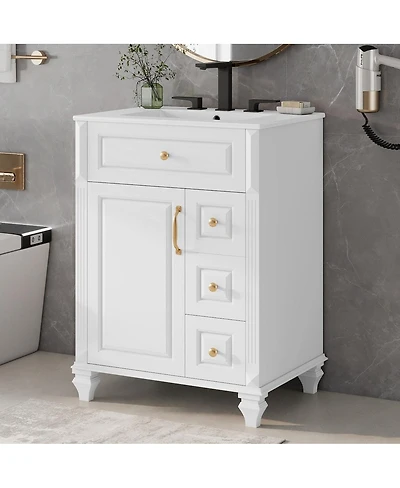 Thirtypeachy Freestanding Vanity With Ceramic Sink, Solid Wood and Mdf Cabinet, Flip-Out Drawer 3 Drawers