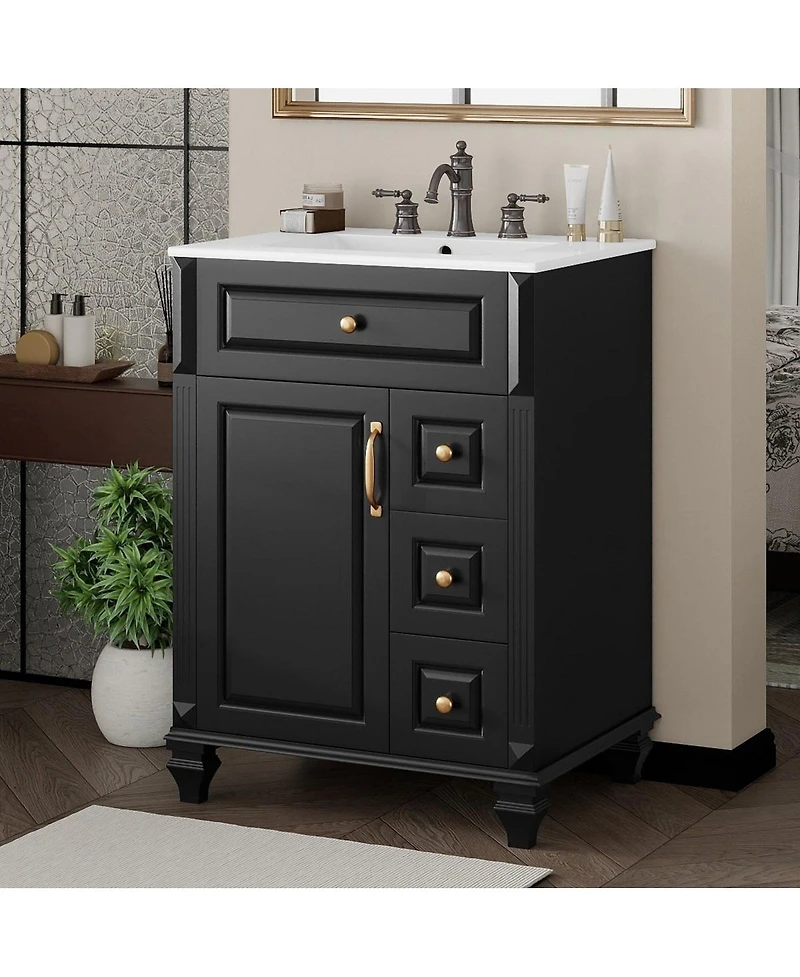 Thirtypeachy Freestanding Vanity With Ceramic Sink, Solid Wood and Mdf Cabinet, Flip-Out Drawer 3 Drawers