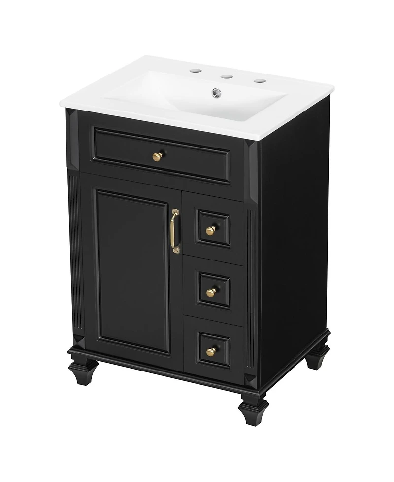 Thirtypeachy Freestanding Vanity With Ceramic Sink, Solid Wood and Mdf Cabinet, Flip-Out Drawer 3 Drawers