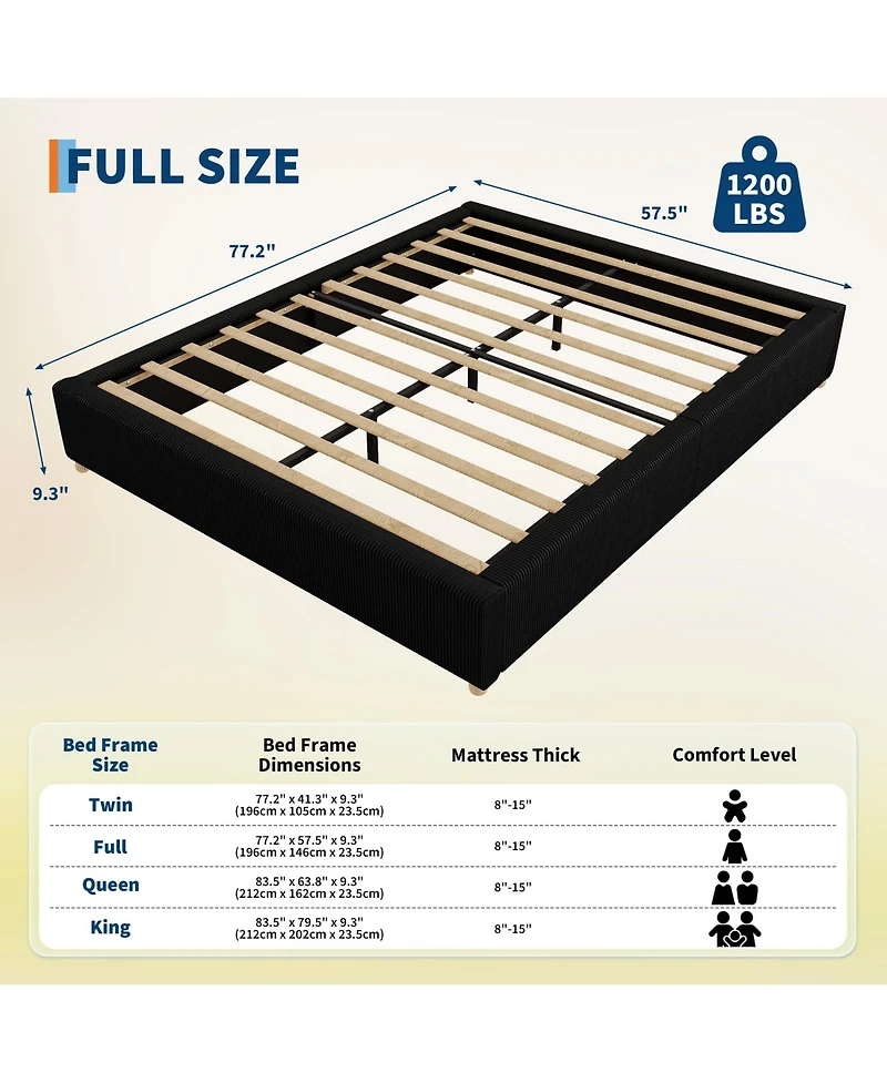 homfan Upholstered Low Platform Bed Frame with Round Wood Legs, No Headboard, Slat Support