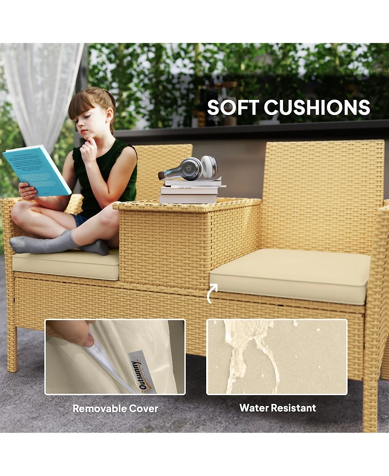 Outsunny Rat Patio Loveseat Wicker Sofa with Built-in Table