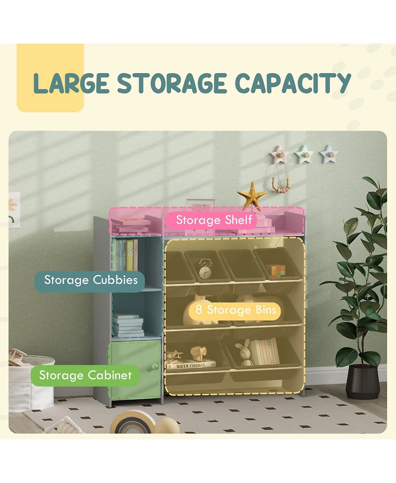 Qaba Toy Storage Organizer with 8 Bins, 2 Storage Cubbies, Shelf, Drawer