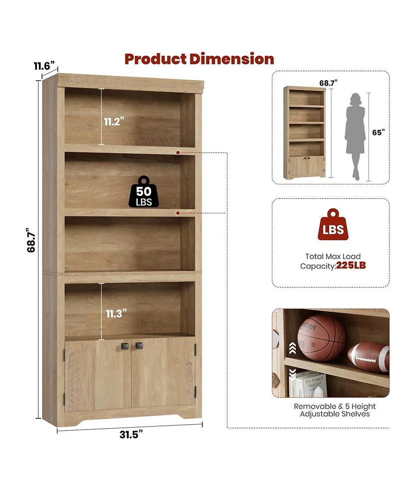 gaomon 5 Tier Bookshelf Farmhouse Bookcase with 2 Doors Adjustable Shelves Anti-Slip for Home Office Living Room, Study