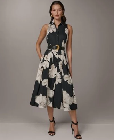 Donna Karan New York Womens Sleeveless Floral Collared Midi Shirt Dress