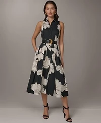 Donna Karan New York Womens Sleeveless Floral Collared Midi Shirt Dress