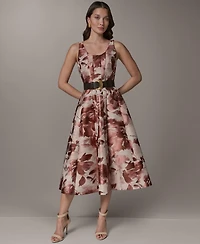 Donna Karan New York Women's Sleeveless Floral Jacquard Scoop Neck Midi A-Line Dress