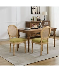 Clihome French Style Solid Wood Frame Antique Painting Linen Fabric Rattan Back Dining Chair,Set of 2