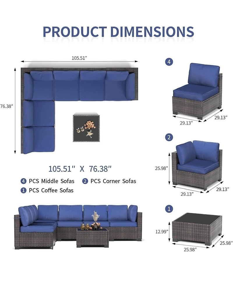 GarveeLife 7 Piece Patio Furniture Set, Outdoor Modular Wicker Sectional Couch with Tempered Glass Coffee Table with Washable Cushions