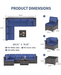 GarveeLife 7 Piece Patio Furniture Set, Outdoor Modular Wicker Sectional Couch with Tempered Glass Coffee Table with Washable Cushions