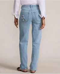 Lands' End Women's Tall Soft Denim Mid Rise Relaxed Straight Leg Embroidered Jeans