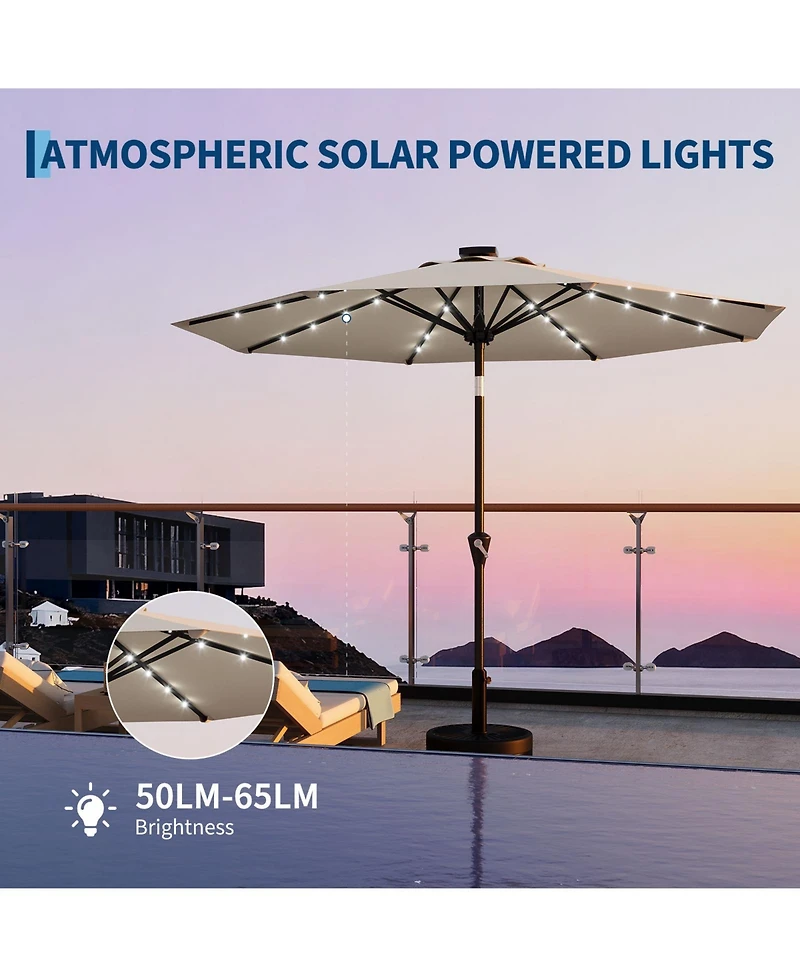 Gaomon 9FT Solar Patio Umbrella with 32 Led Lights, Outdoor Table w/Crank Lift, Push Button Tilt and 8 Sturdy Ribs